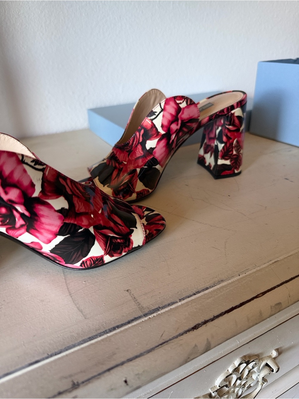 Prada Floral Open-Toe Block Heel Mules in Red, Pink and Black